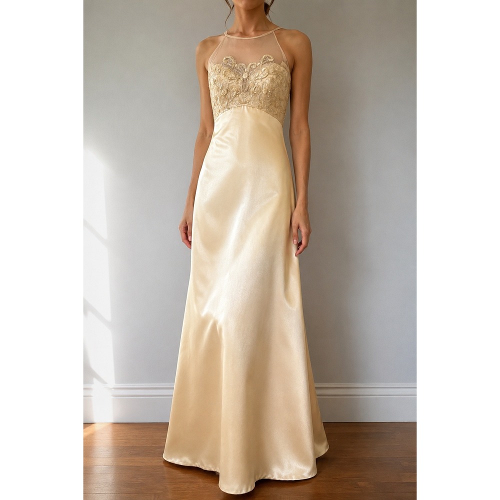 Jump Fair Apparel Satin Halter Evening Gown Yellow Beaded Formal Dress VTG Y2K
